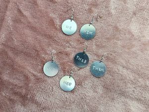 Metal Stamped Pronoun Earrings