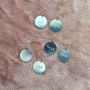 Metal Stamped Pronoun Earrings