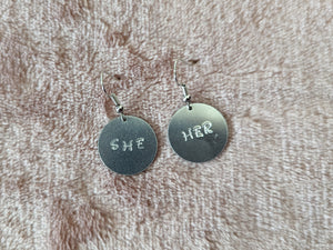 Metal Stamped Pronoun Earrings