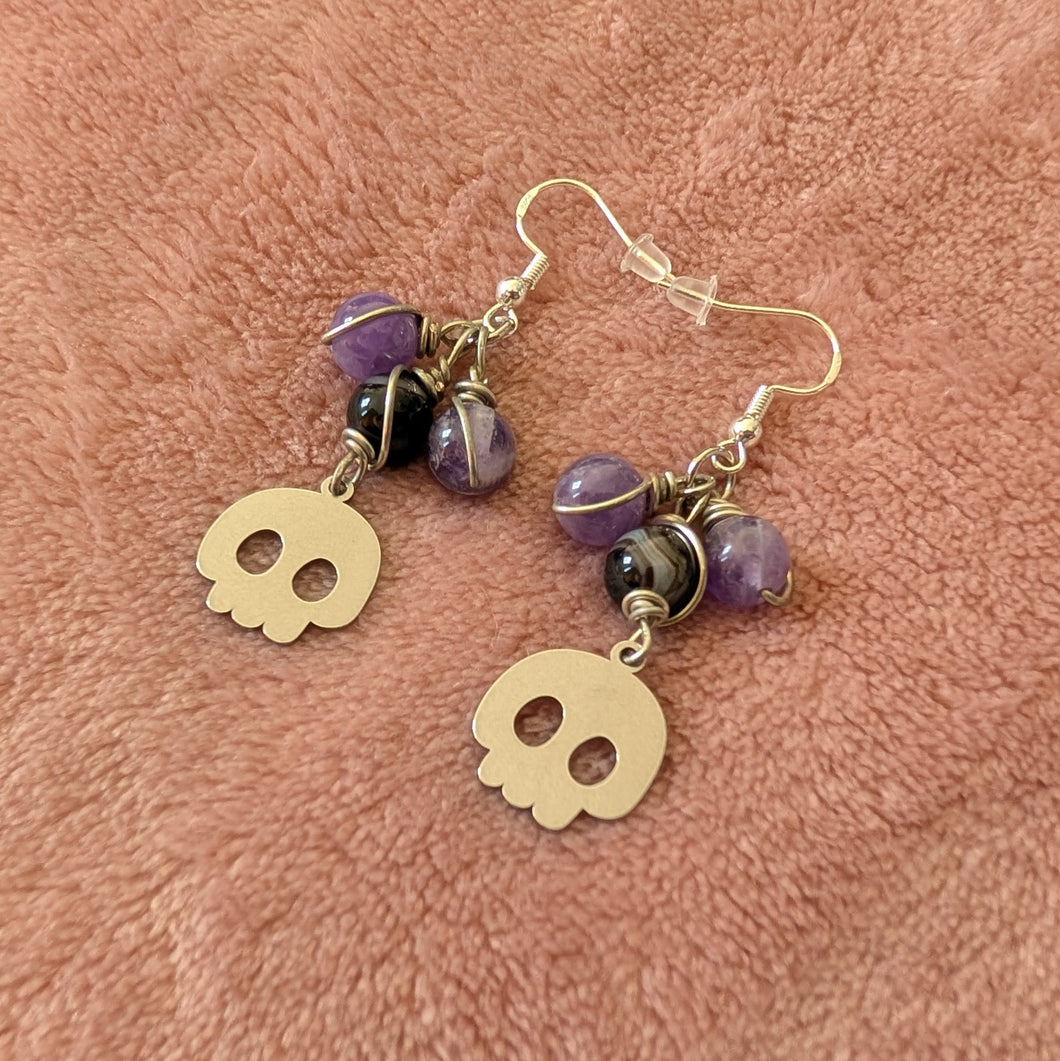 Sardonyx Amethyst Bauble Skull Earrings