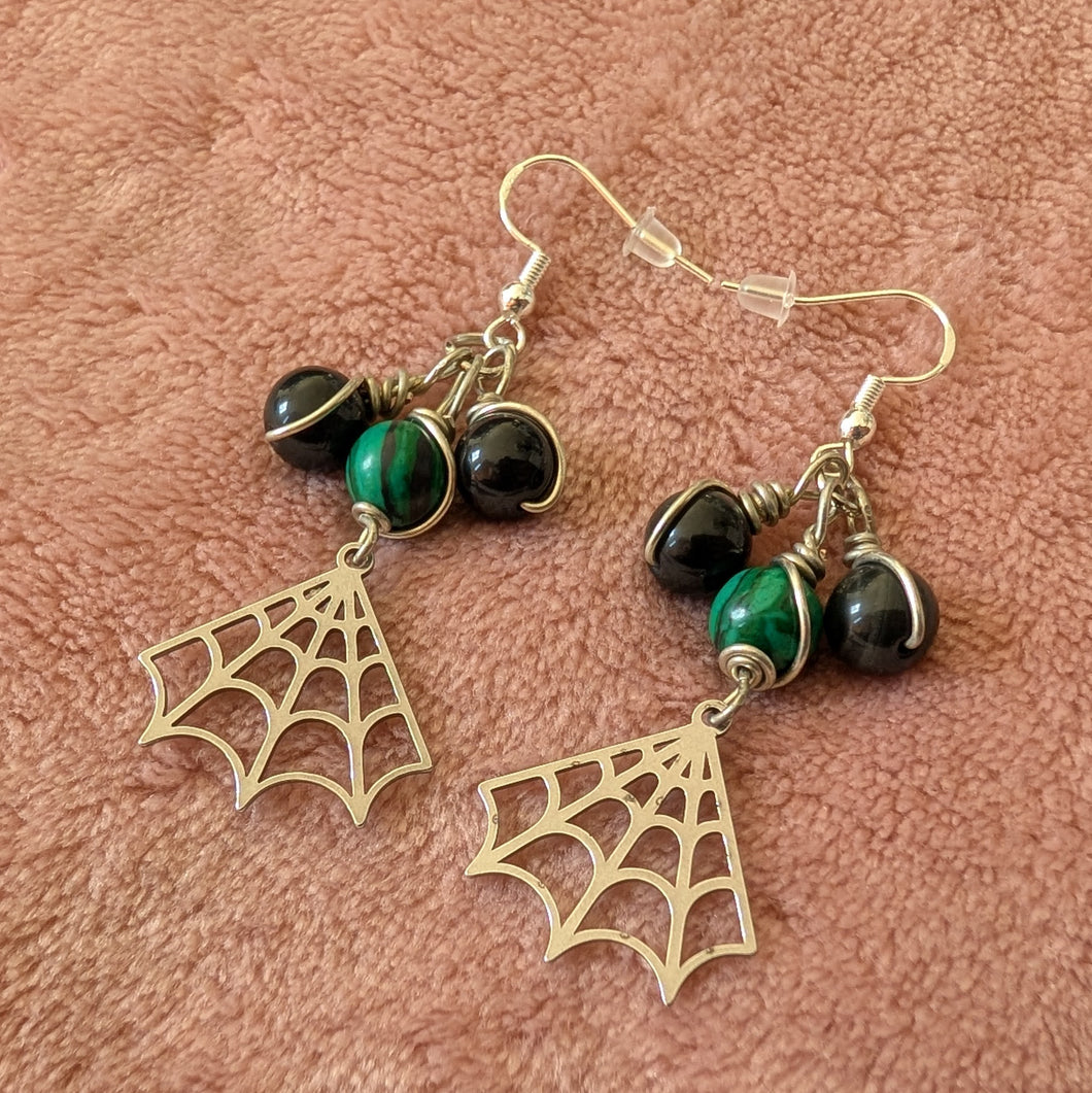 Malachite Obsidian Bauble Web Earrings